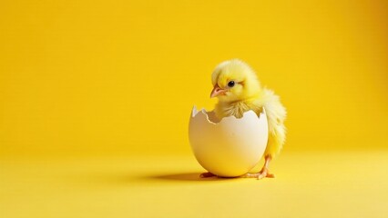 A fluffy yellow chick emerges from its eggshell against a vibrant yellow backdrop, symbolizing new beginnings and the miracle of life.