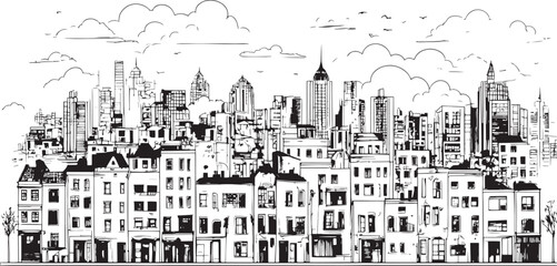 City landscape. Line urban backdrop, different buildings on street, doodle street draw, outline cityscape hand sketch, flat houses. Hand drawn vector illustration