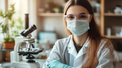 Female lab technician wearing protective glasses, gloves, and face mask working in a scientific laboratory next to a microscope, conducting research and analysis in a high-tech medical or pharmaceutic