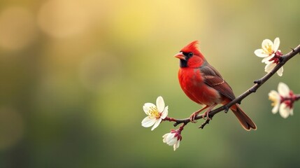 Vibrant crimson bird perched delicately on blossoming branch, bathed in soft sunlight, a picturesque scene of springtime beauty