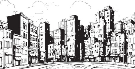 City landscape. Line urban backdrop, different buildings on street, doodle street draw, outline cityscape hand sketch, flat houses. Hand drawn vector illustration