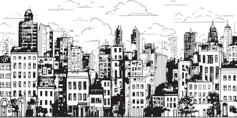 City landscape. Line urban backdrop, different buildings on street, doodle street draw, outline cityscape hand sketch, flat houses. Hand drawn vector illustration