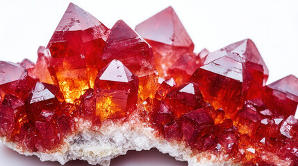 Close-up view of striking red crystals with dark centers and bright edges against a clean white background, showcasing nature’s intricate beauty