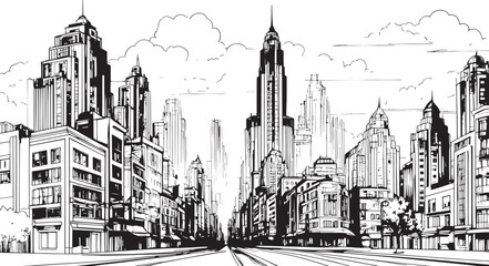 City landscape. Line urban backdrop, different buildings on street, doodle street draw, outline cityscape hand sketch, flat houses. Hand drawn vector illustration © Михаил Н
