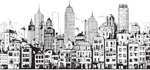 Fototapeta premium City landscape. Line urban backdrop, different buildings on street, doodle street draw, outline cityscape hand sketch, flat houses. Hand drawn vector illustration