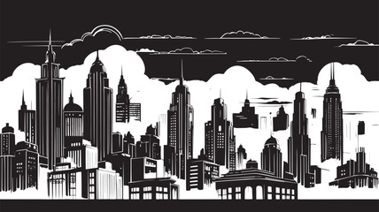 Fototapeta premium City landscape. Line urban backdrop, different buildings on street, doodle street draw, outline cityscape hand sketch, flat houses. Hand drawn vector illustration