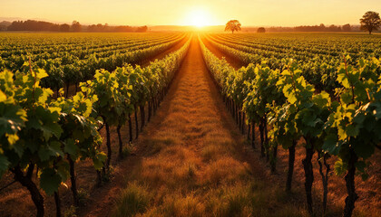 Fototapeta premium Golden sunset casts a warm glow over rows of lush grapevines in a serene vineyard landscape