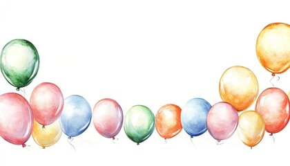 Colorful watercolor balloons in a festive arrangement, brightening a plain background for celebrations