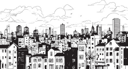 City landscape. Line urban backdrop, different buildings on street, doodle street draw, outline cityscape hand sketch, flat houses. Hand drawn vector illustration