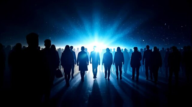 Silhouetted crowd walking towards a bright light in a dark setting