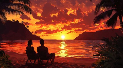 Couple sitting on the beach watching the sunset over the sea. Copy space.