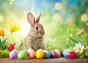 Adorable Spring Bunny Set: Easter Holiday Background with Copy Space