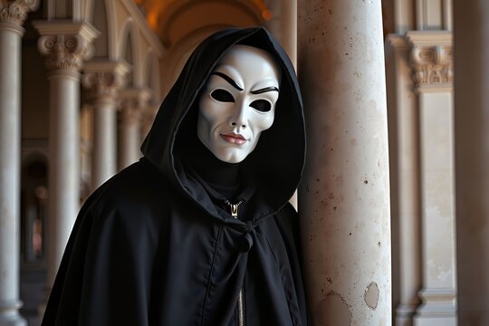 A performer in a black cloak wearing a traditional white bauta mask, posing gracefully against an ornate column, Venetian cultural symbolism.