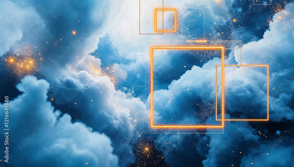 Poster cloudy sky with bright yellow outlines creating a surreal abstract atmosphere at dawn