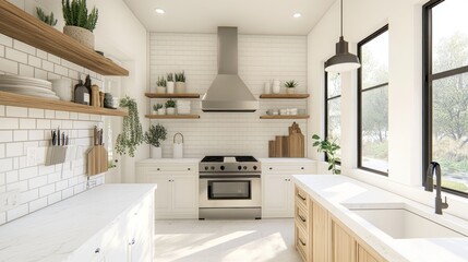 Fototapeta premium Modern Farmhouse Kitchen Design: Bright, airy space with white subway tile backsplash, wood shelves, and stainless steel appliances.