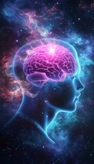 Obraz premium Glowing Human Brain In Silhouette Head With Galaxy Background, Consciousness Exploration