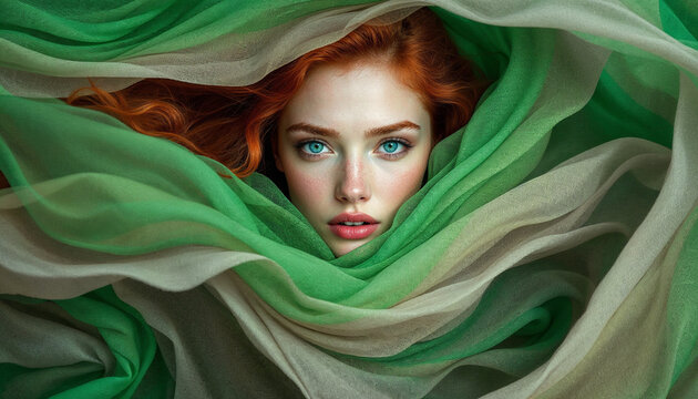 Captivating portrait of a woman with vibrant red hair wrapped in flowing green fabric surrounded by soft textures