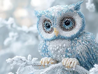 Fototapete Beaded owl winter scene, snowy branch background, craft art, holiday decor © berkah