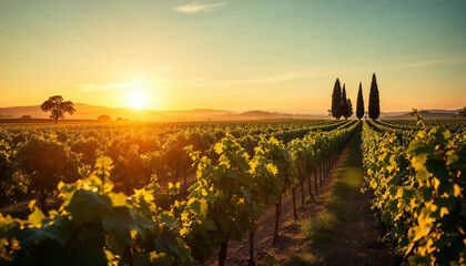 Naklejka premium Sunrise over lush vineyards with tall cypress trees in the distance during a serene morning in Tuscany