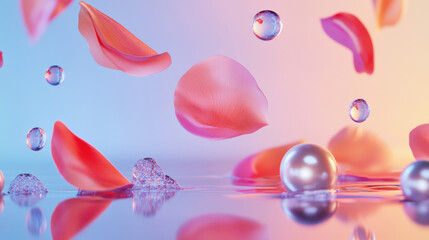 A dynamic still life featuring glossy pearls and petals in motion, suspended midair with colorful reflections on a mirrored surface below. Lighting includes prism effects and vivid gradient tones, cre