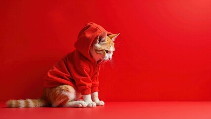 A ginger feline, stylishly attired in a vibrant red hoodie, sits against a matching crimson backdrop.  The image evokes a sense of playful sophistication.