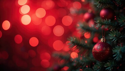 Red Christmas ornament on tree, bokeh background