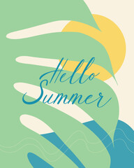 Hello Summer card with sea, palm leaf and sun, poster flyer in pastel colors, handwritten blue lettering.