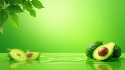 Serene Green Still Life Featuring Ripe Avocados and Lush Foliage Reflecting in Calm Water