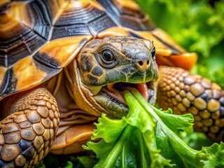 Naklejka premium Macro Shot of Russian Tortoise Enjoying Crisp Lettuce
