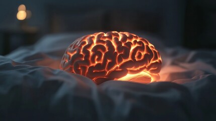 3d glowing brain model illustrating rem sleep activity with luminous neural connections, set against a minimalistic background with empty space for text


