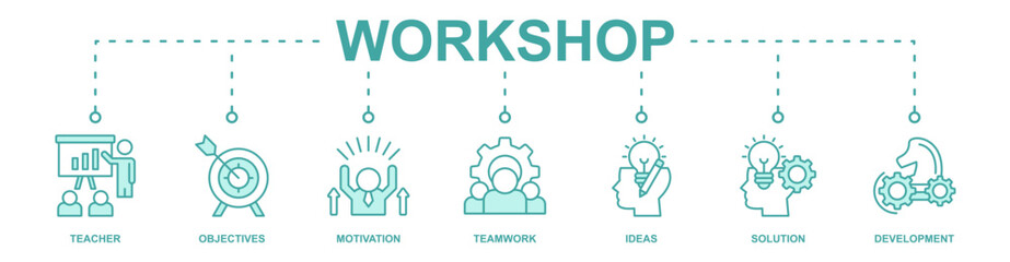 workshop banner web icon vector illustration concept for teacher, objectives, motivation, teamwork, ideas, solution, development