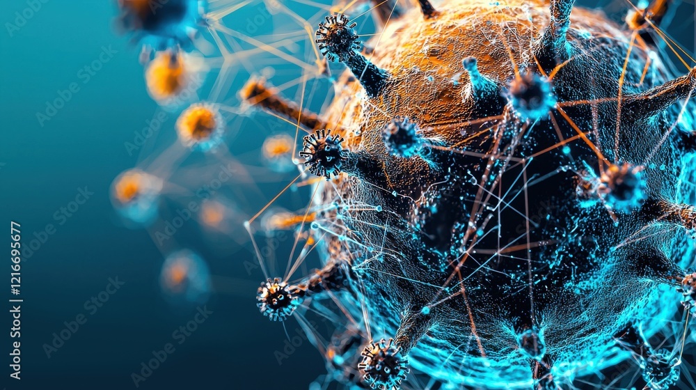 Poster analyzing virus transmission lines on a closeup globe global health landscape scientific visualizati
