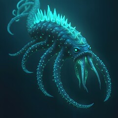 A bioluminescent sea monster with glowing tentacles and scales, lurking beneath a dark ocean, with only its eerie light visible through the water