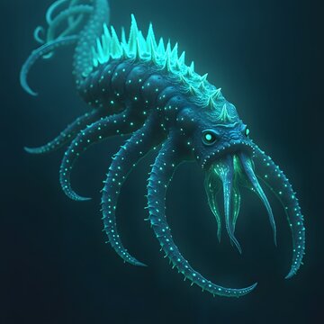A bioluminescent sea monster with glowing tentacles and scales, lurking beneath a dark ocean, with only its eerie light visible through the water