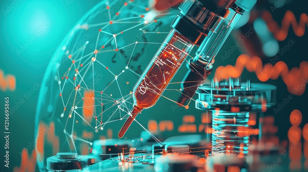 Poster analyzing virus transmission lines on a globe from a scientific perspective in a laboratory setting