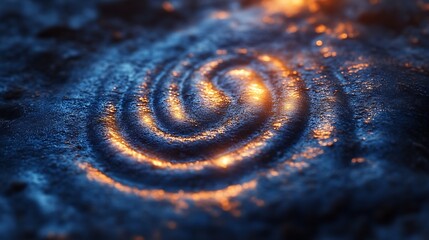 Glowing spiral etched in dark, textured surface.