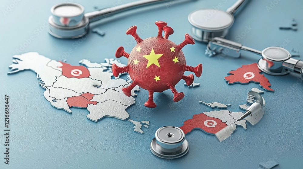 Poster visualizing pandemic impact virus particle over geopolitical map scientific illustration global heal