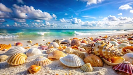 Seashells on Pristine White Sandy Beach, Coastal Landscape Background