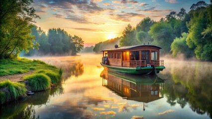 Fototapeta premium Serene Houseboat Journey: Traditional Asian Style Floating Home on Calm River