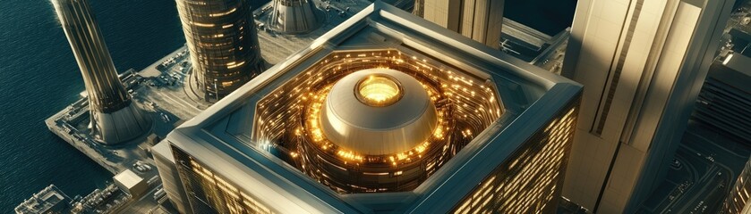 Obraz premium Futuristic city, aerial view, glowing reactor core, skyscrapers