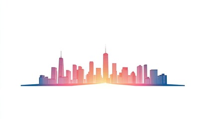 Obraz premium Vibrant city skyline silhouette at sunset with colorful gradient, representing urban life and development