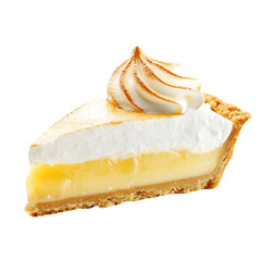 Single piece of a lemon meringue pie with a buttery graham cracker crust and a lemon filling, isolated on a white background