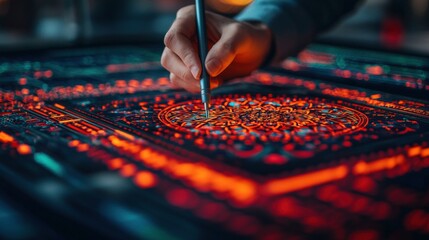 Digital art creativity and interactive, A hand uses a stylus to create intricate patterns on a vibrant, illuminated surface, showcasing a blend of art and technology.