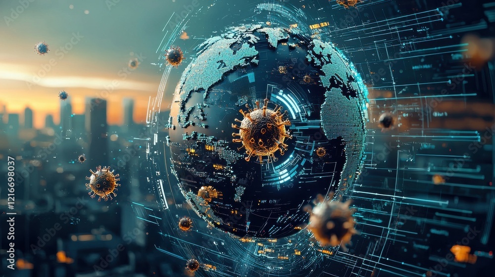 Fototapete global virus warning notifications digital alerts on a universal scale for cybersecurity and public 