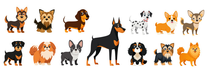Cartoon set dogs and puppies. Collection doggy characters.Happy friendly canine animals. Rottweiler, cavalier king charles spaniel, corgi, dalmatian,doberman,chihuahua,dachshund french bulldog.Vector 