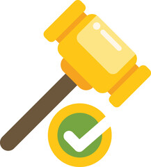 Cartoon gavel striking near a green check mark, symbolizing a positive court decision