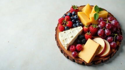 A delightful arrangement of assorted cheeses, complemented by a vibrant selection of fresh berries and grapes, artfully presented on a rustic wooden board.