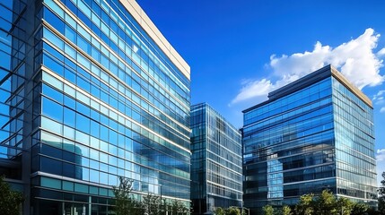 Fototapeta premium Modern office buildings with blue glass windows against the sky, showcasing architectural design and modern architecture in the cityscape.
