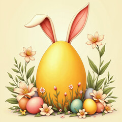 A whimsical Easter scene with a large yellow egg sporting bunny ears, surrounded by colorful eggs and delicate flowers, celebrating the holiday's joyful spirit.