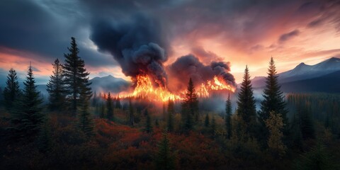 Forest fire illuminates the sky with vibrant hues as nature battles against destruction at dusk in a remote wilderness. Generative AI